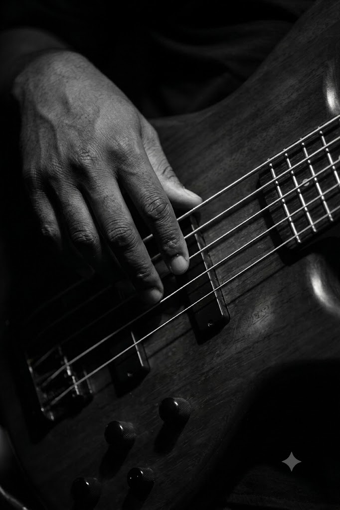 Close-up of a student playing bass guitar